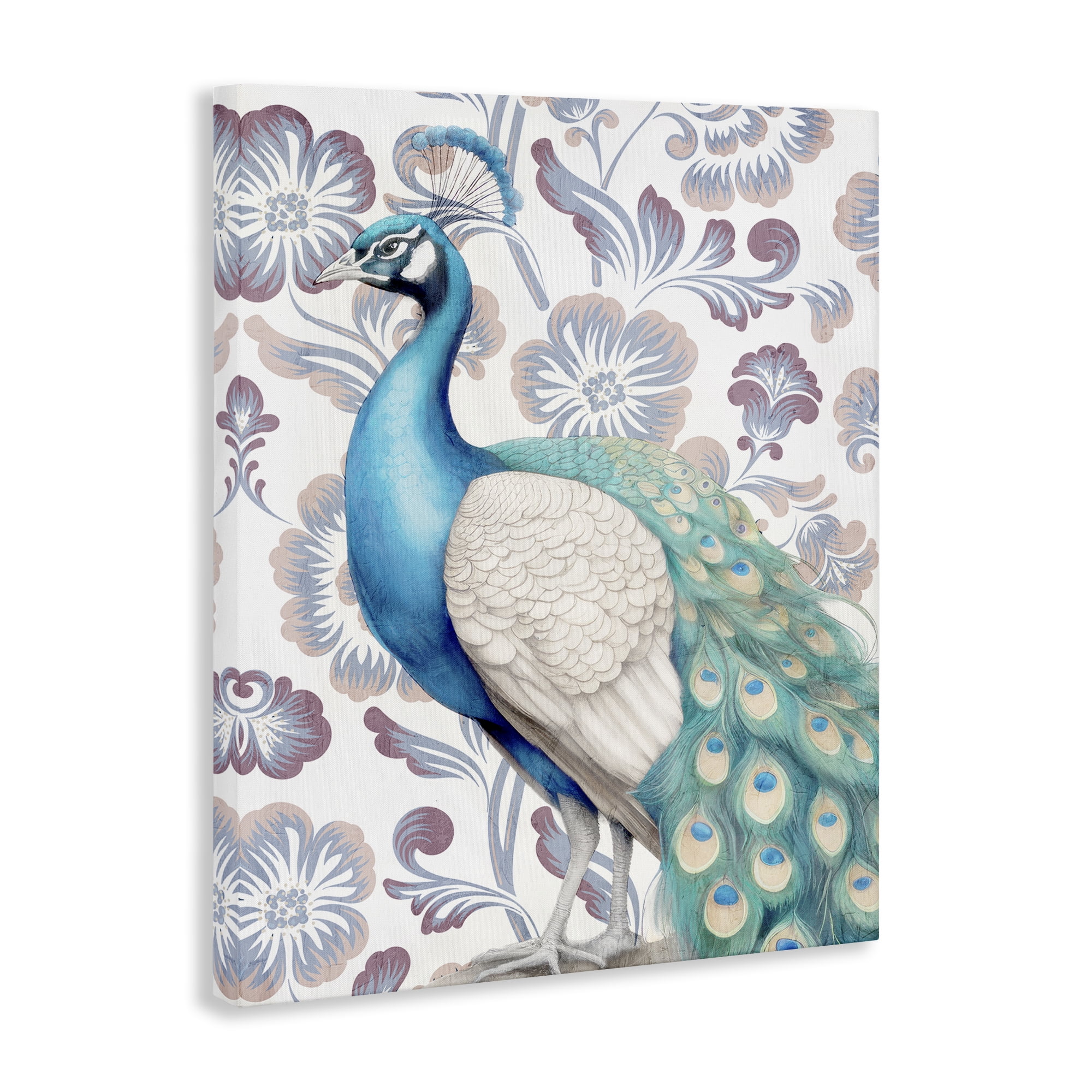 Stupell Industries Peacock on Floral Pattern Animals Painting Wrapped Canvas Art Print Wall Art, 36 x 48