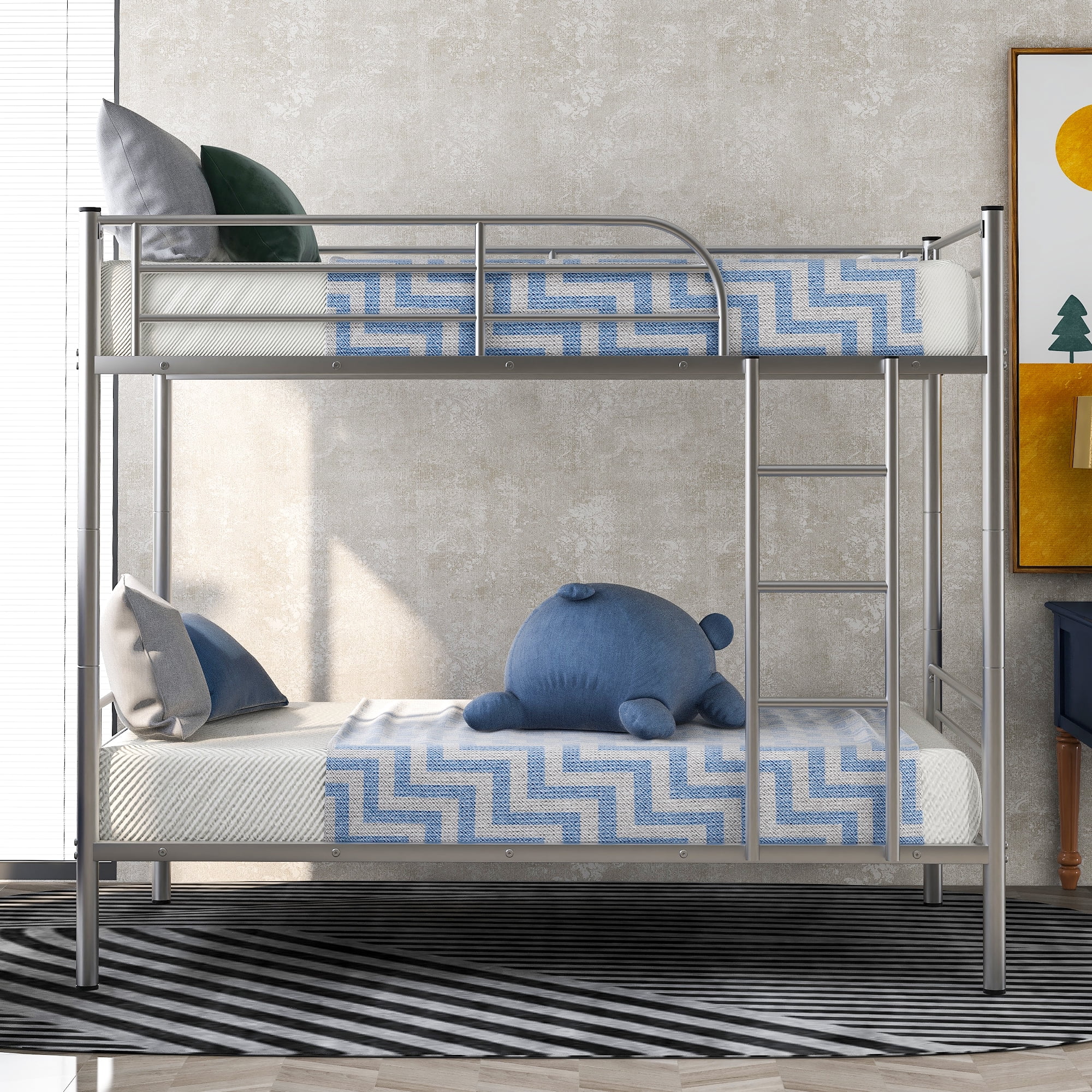 Twin over Full Metal Bunk Beds Kid Adult Dorm Bedroom Furniture w/ Ladder Silver 
