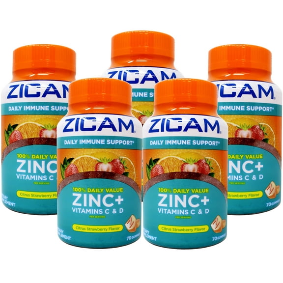 5 Pack - Zicam Daily Immune Support, Gummy Supplement, Zinc, Vitamin C & Vitamin D, Citrus Strawberry Flavor, 70 Count