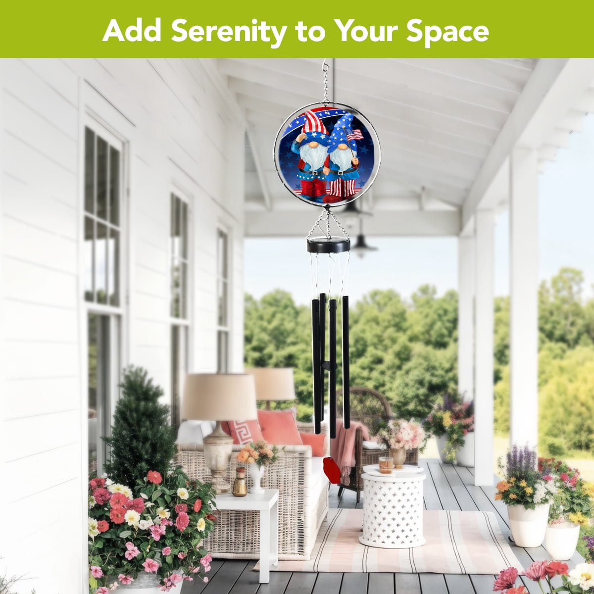 Briarwood Lane Everyday LED Illuminated Solar Powered Glass Suncatcher  Wind Chime 37x8 Patriotic Gnomes Wind Chime For Outdoors Melodic Metal Windchimes Wind-Chimes