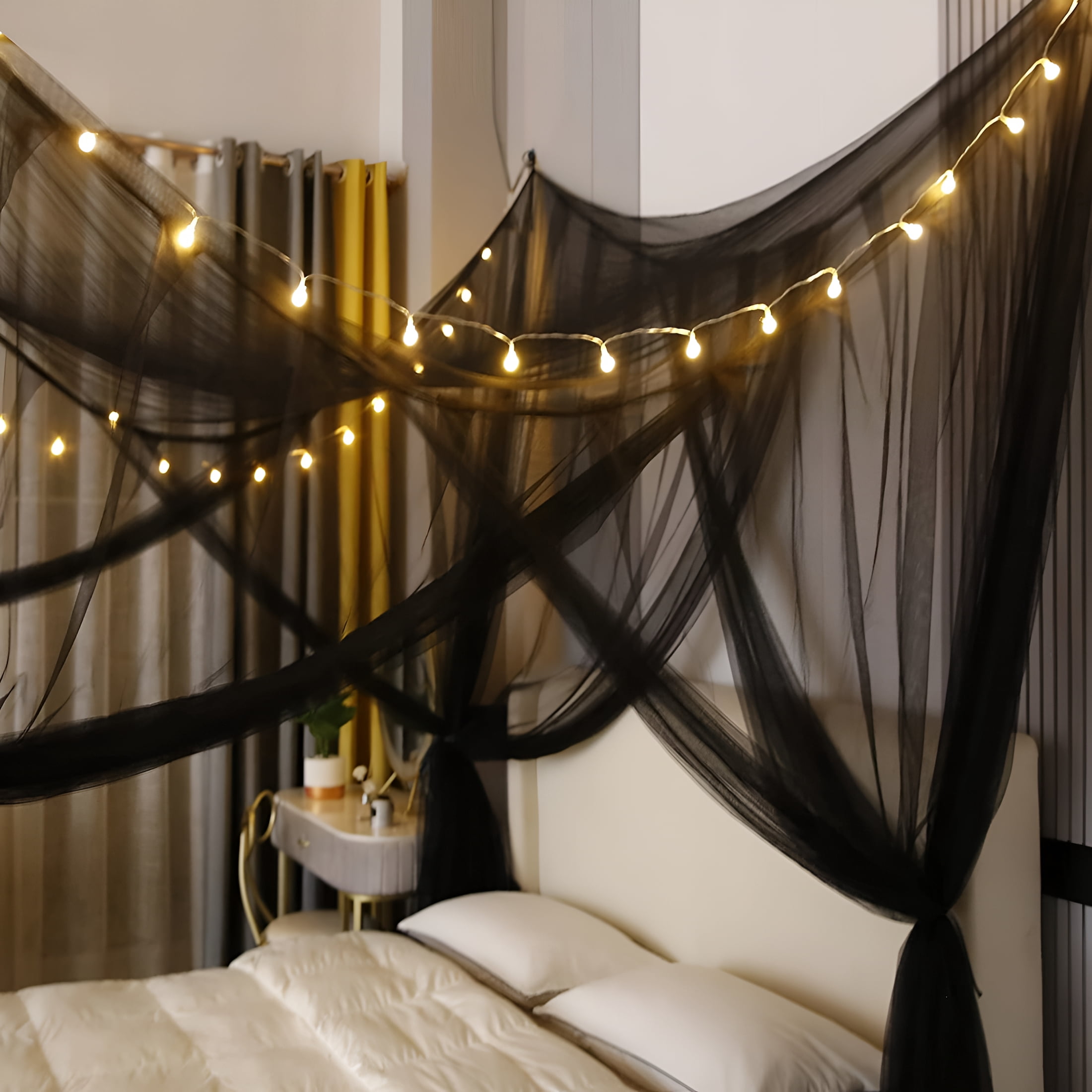 AUQ Bed Canopy,Canopy Bed Curtains Bed Drapes for Full Queen King Size Bed,Mosquito Net Bed Curtains for Patio Indoor Outdoor Net,Black Bed Canopy Curtains for Gothic