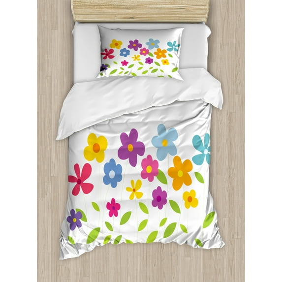 Green Flower Duvet Cover Set Twin Size, Colorful Abstract Cartoon Floral Arrangement Foliage Leaves Meadow Pattern, Decorative 2 Piece Bedding Set with 1 Pillow Sham, Multicolor, by Ambesonne
