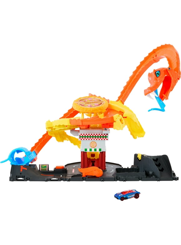 Hot Wheels City Track Set Pizza Slam Cobra Attack Playset with 1:64 Scale Toy Car for Kids