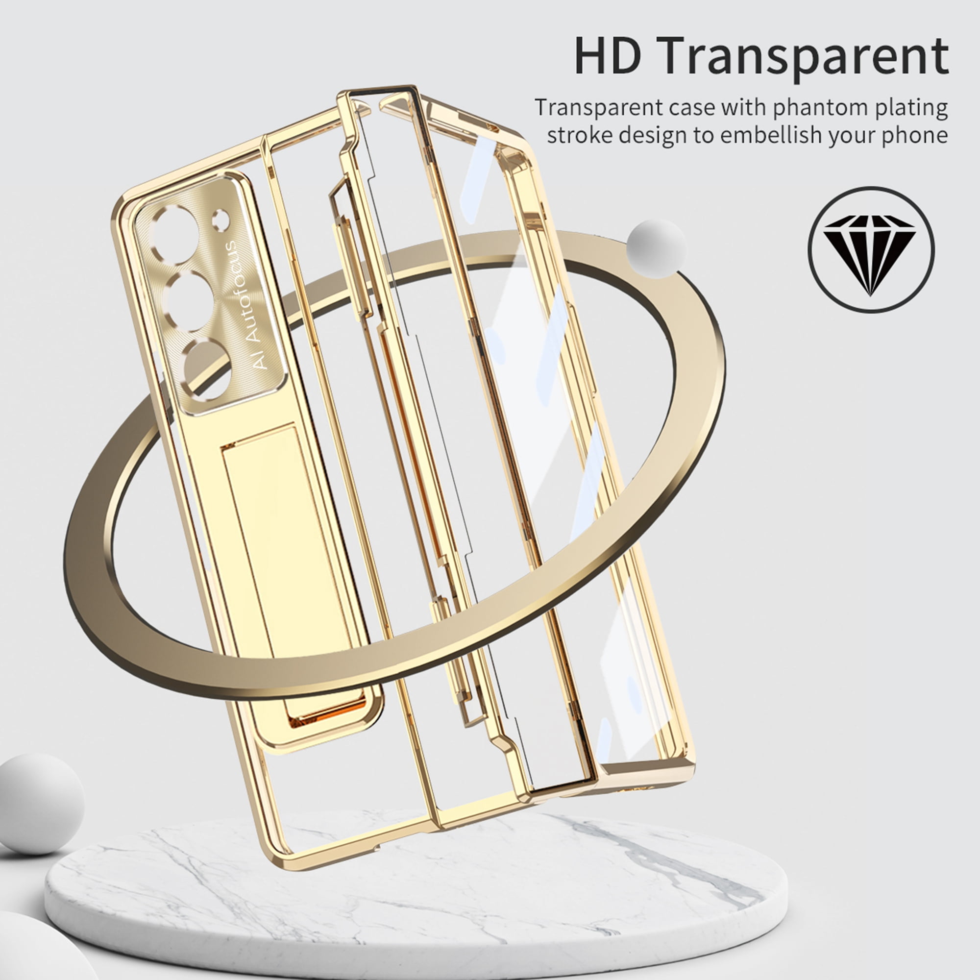 Dteck for Samsung Galaxy Z Fold 5 Case, Hinge Protection with Kickstand, Transparent Clear Back Cover with Built-in Screen Protector Shockproof Full Protective Phone Case for Z Fold5 2023,Gold