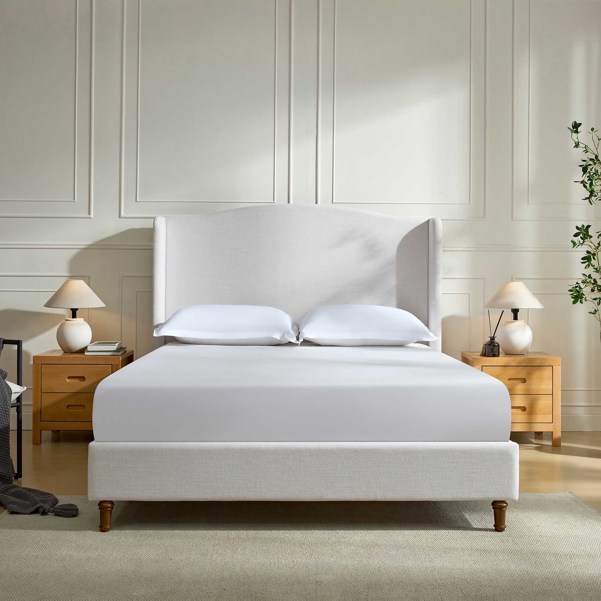 Miniyam 54" High Queen Size Upholstered Bed with Wingback Headboard for Adult, Ivory White