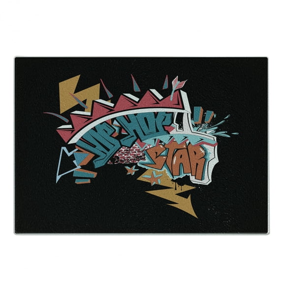 Hip Hop Cutting Board, Underground Grafitti Style Hip Hop Star Lettering with Arrow and Lightning Motifs, Decorative Tempered Glass Cutting and Serving Board, Small Size, Multicolor, by Ambesonne