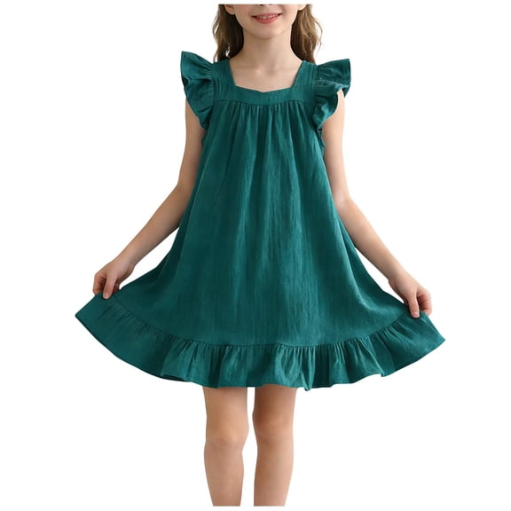 Girls Cotton Ruffle Dress Square Neck Back Bow Short Sleeve Casual Summer Sundress for Kids Kids Teal Green,Size 3-4 T