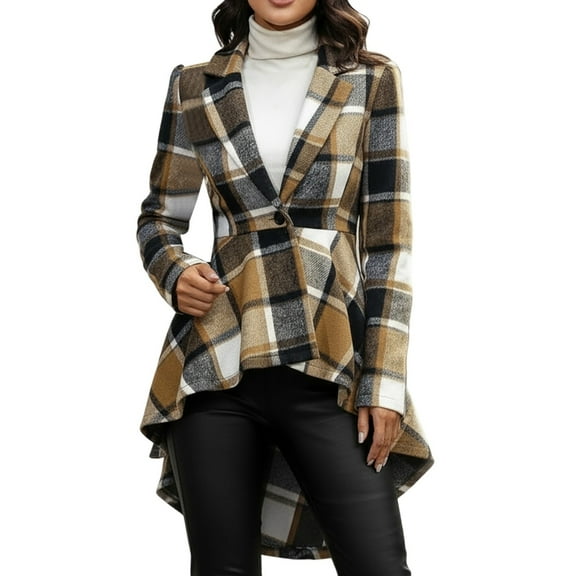 Cnbwig Women's Open Front Cardigan Elegant Plaid Button Front Long Sleeve Jacket with High Low Hem Lapel Waistband Warm Wool Flared Trendy Fall Shirts Fashion Coats A-Khaki L