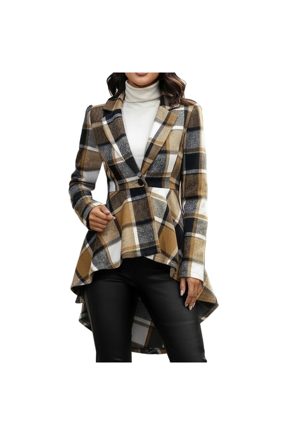 Women's Open Front Cardigan Elegant Plaid Button Front Long Sleeve Jacket with High Low Hem Lapel Waistband Warm Wool Flared Trendy Fall Shirts Fashion Coats A-Khaki XL