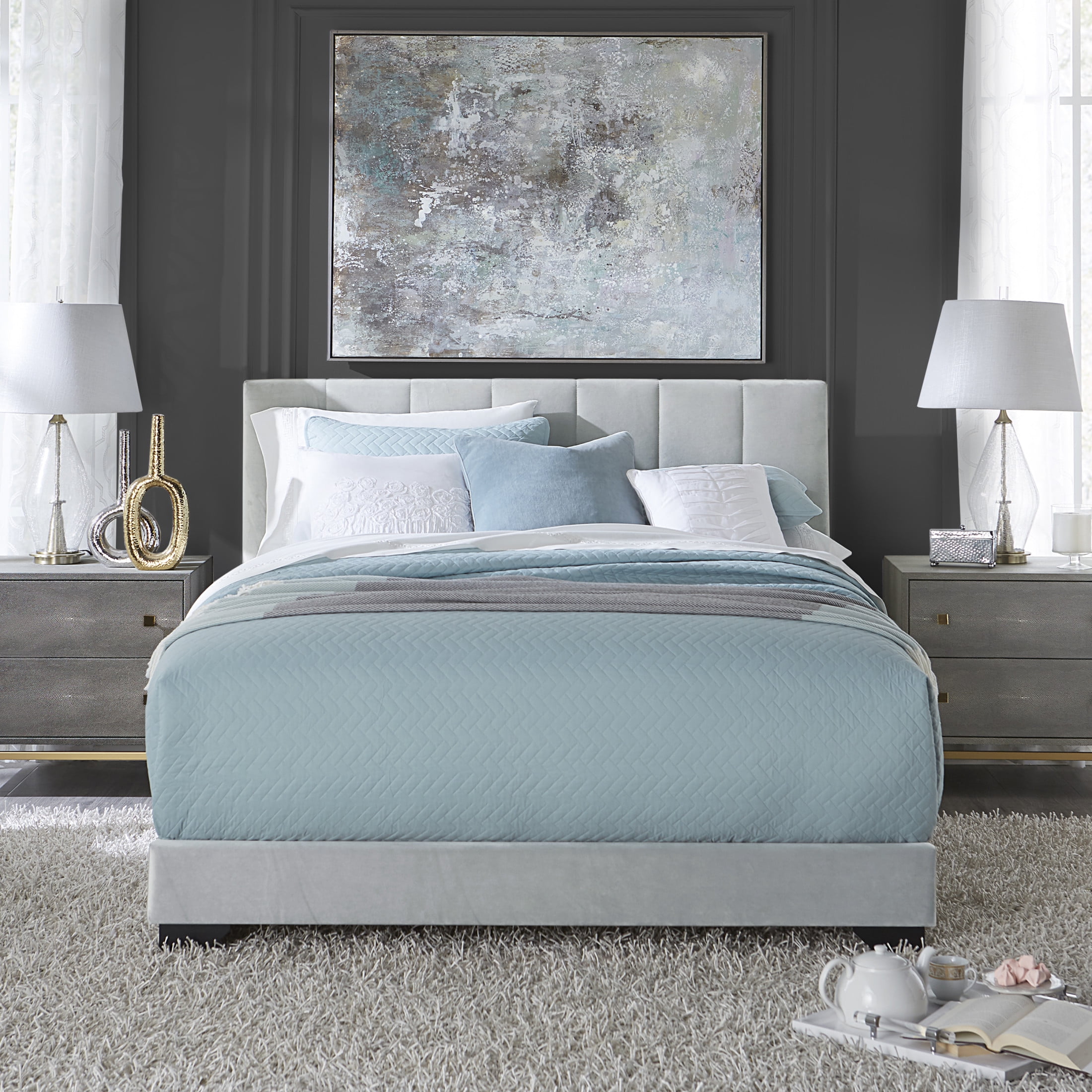 Reece Channel Stitched Upholstered Queen Bed, Platinum, by Hillsdale Living Essentials