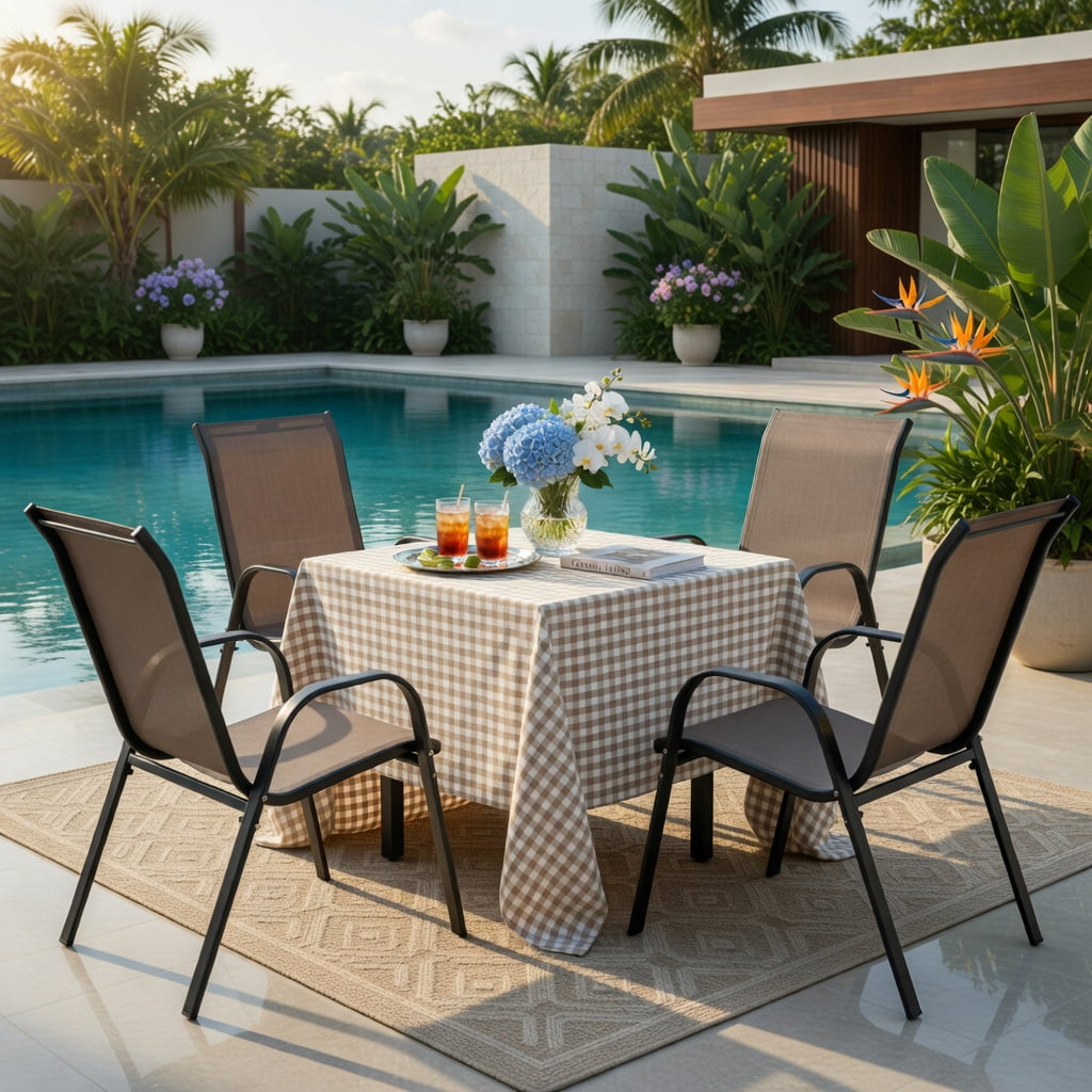 Hommoo 2-Pack Stackable Outdoor Dining Chairs with Ergonomic Armrests, Fabric & Grey Steel Frame,Space-Saving Patio Seating, Brown