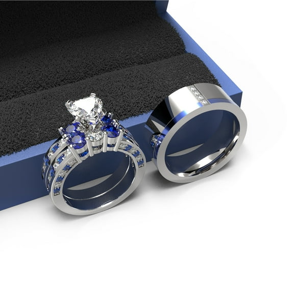 3pc Couples Wedding Ring Sets His And Hers Women Sterling Silve Round Moissanite and men Wedding Bands Together With The Ring Box