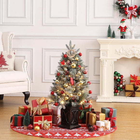 Árbol de Navidad artificial preiluminado de 90 cm con nieve y bayas rojas - 78 luces LED blancas cálidas - Maceta cuadrada amplio - Ideal para decoración navideña en entradas y dormitorios