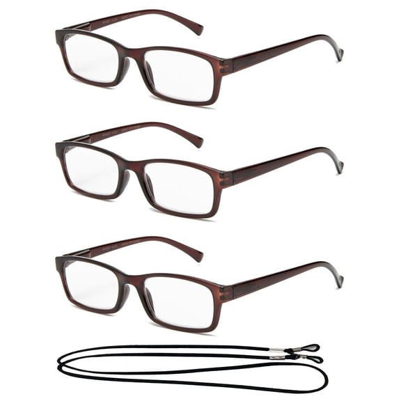 3 Pack Newbee Fashion - Unisex Slim Fit Small Squared Reading Glasses with Spring Hinge with Lanyard  1.50