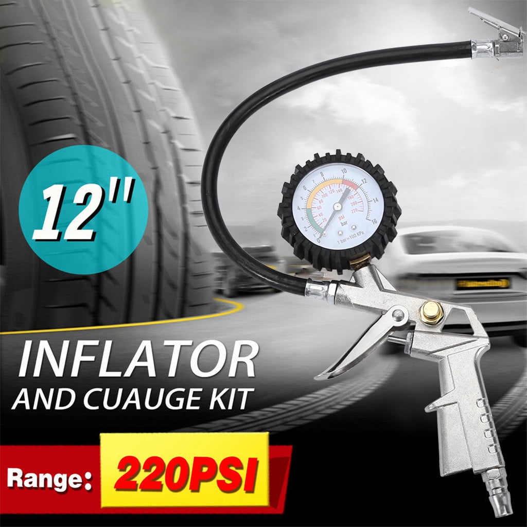 Dial Tire Inflator Gauge Flexible Hose 220 PSI Pistol Style Air Chuck Pneumatic 