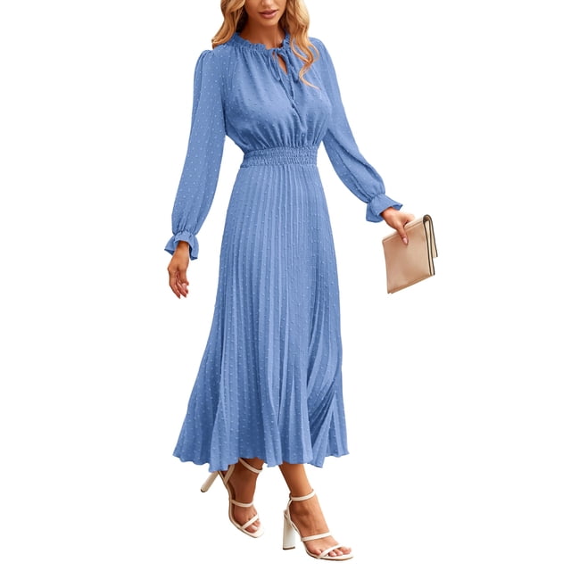 Vestido PRETTYGARDEN 2025 Midi Swiss Dot Línea A XL Azul Claro