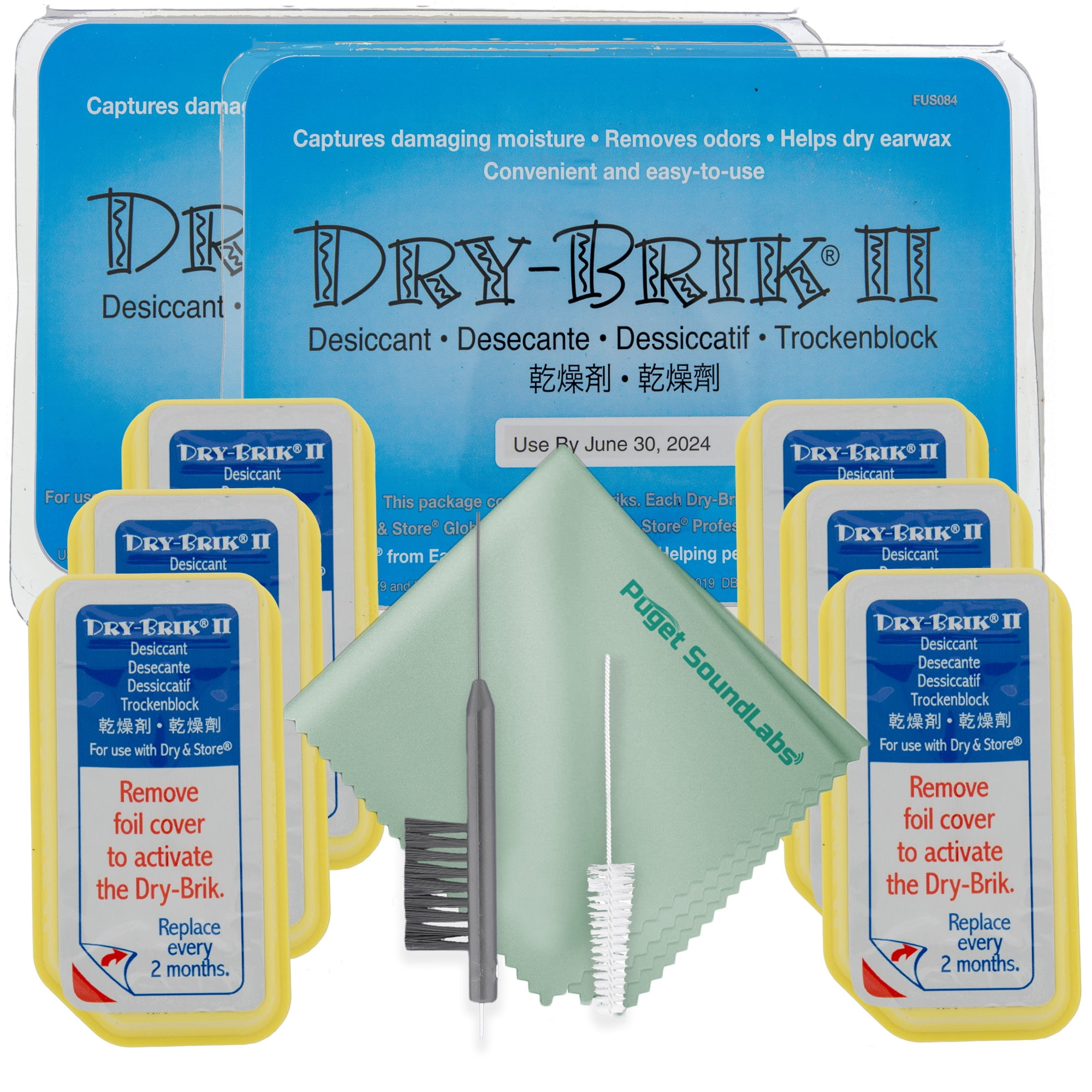 Dry-Brik ii Desiccant Blocks (6 Dry Briks total) with Hearing Aid Cleaning Tool Kit