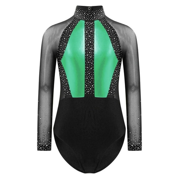 YONGHS Girls Shiny Rhinestone Mesh Splice Leotards Gymnastics One-Piece Bodysuit Dancewear Green 8