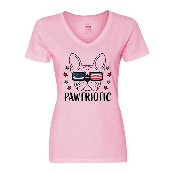 Inktastic Pawtriotic with French Bulldog in American Flag Sunglasses Women's V-Neck T-Shirt