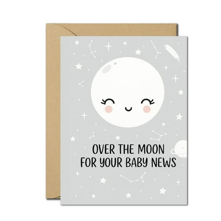 Over the Moon Baby Congratulations Card – Cute Moon & Stars Design – Baby Announcement or Newborn Greeting Card – Blank Inside with Envelope Included