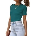 thumbnail image 2 of Biekopu Women Summer Basic Ribbed Knit T-Shirts,Solid Color Casual Fitted Short Sleeve Tops for Streetwear, 2 of 5