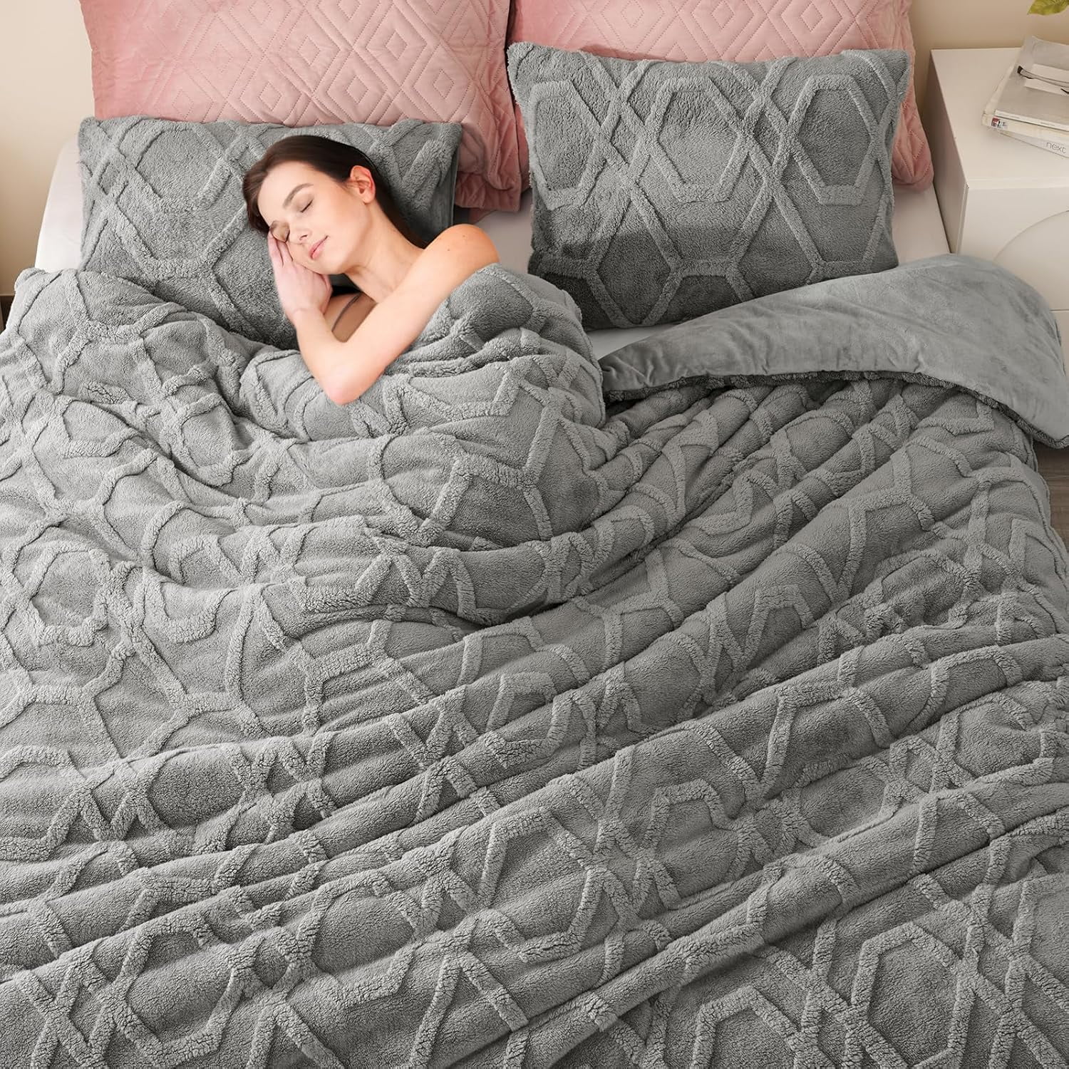 PHF Warm Sherpa Fleece King Comforter Set, 3D Tufted Fluffy Grey Bedding for Winter, Soft 2 Pieces Shaggy Bed Set, 1 Comforter (104"x90") and 2 Pillowcases (20"x36")
