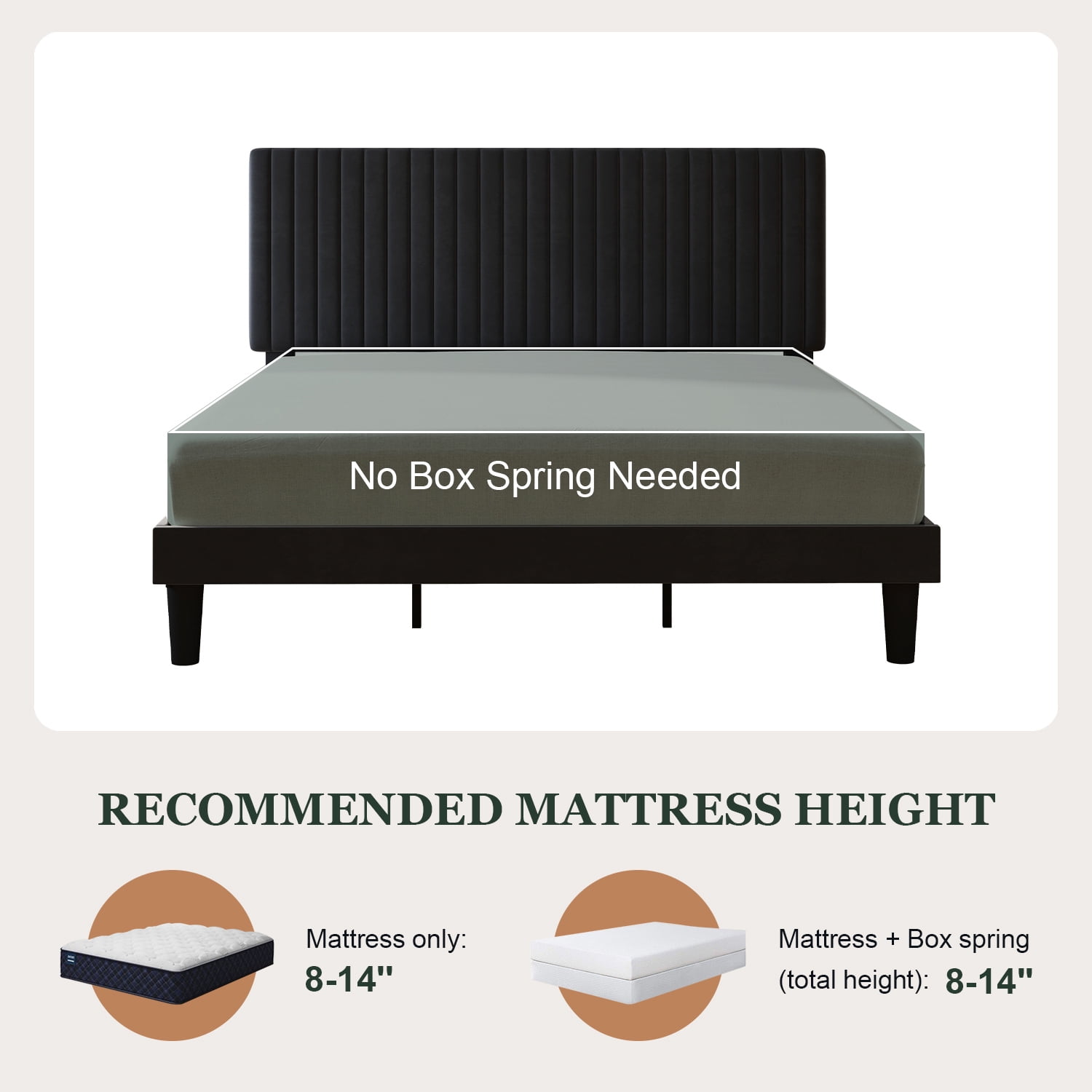 Amolife King Size Upholstered Platform Bed Frame with Adjustable Velvet Headboard, Black