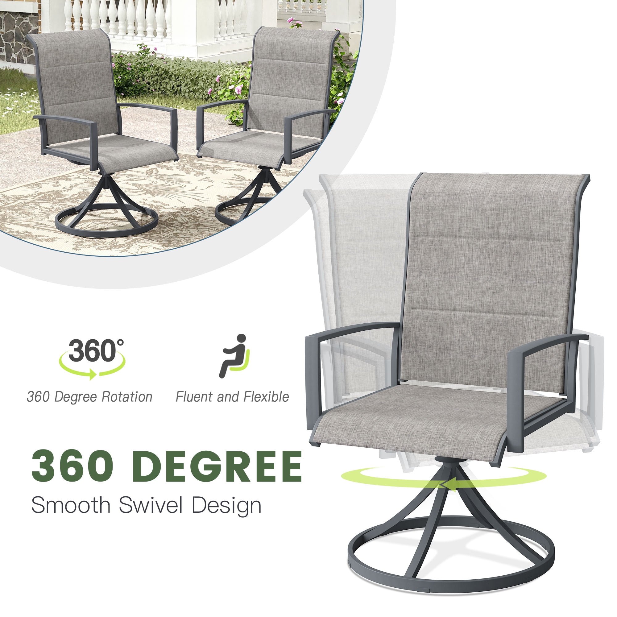 Vicllax Outdoor Dining Chair Patio Swivel Chairs Padded Textilene Fabric Metal Frame Set of 6 Gray