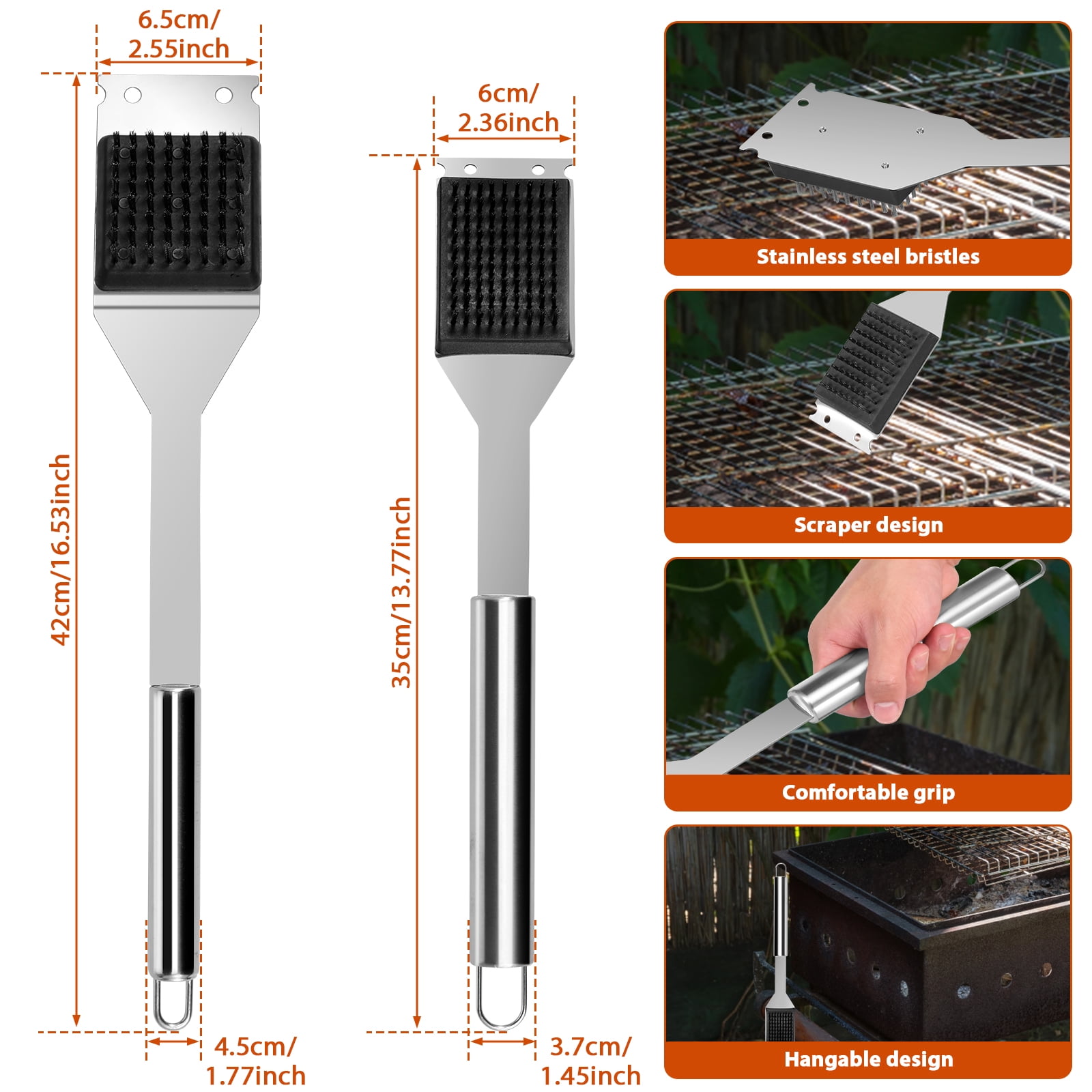 Vensio -2 Pack Heavy Duty Stainless Steel BBQ Grill Brush and Scraper Set, Professional Grill Cleaner with Ergonomic Long Handle for Gas Charcoal and Pellet Grills, BBQ Tools