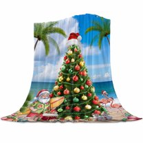 Coastal Christmas Tree Flannel Blanket for Bed,Travel and Camping, Xmas Santa Flaming Bird Coconut Trees Beach Super Soft Cozy Blanket for All Seasons 32"x48"