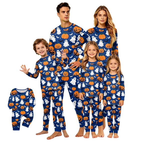 Onlypjs Matching Family Halloween Pajamas, Blue Ghost and Pumpkin Print Sleepwear Sets for Men, Women and Couples