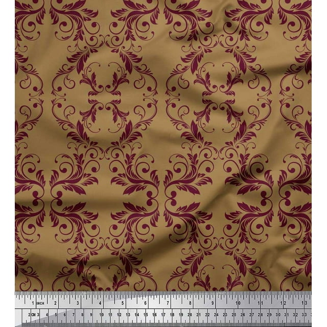 Soimoi Brown polyester Crepe Fabric Quaterfoil Damask Print Fabric by Yard 42 Inch Wide