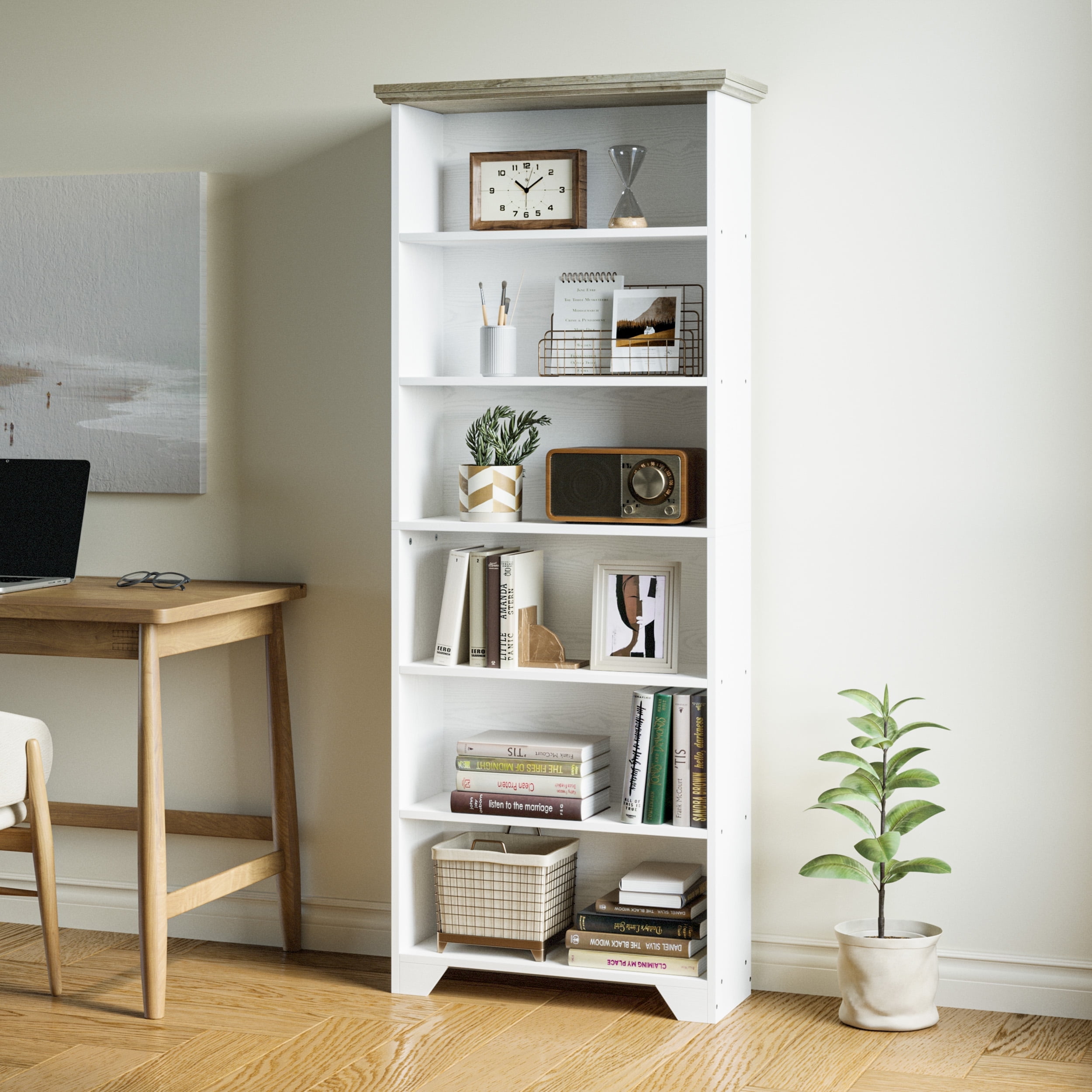 IRONCK 71" Tall 6 Tier Bookcase, Wood Book Shelf for Home Office, Bedroom, Living Room, Shiplap Beige Maple/White