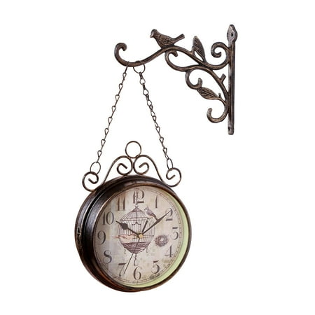 Dualoai Double Sided Wall Clock Hanging Brown Iron Metal Vintage Quiet for Garden Home Study Bedroom Living Room Office Study Wall