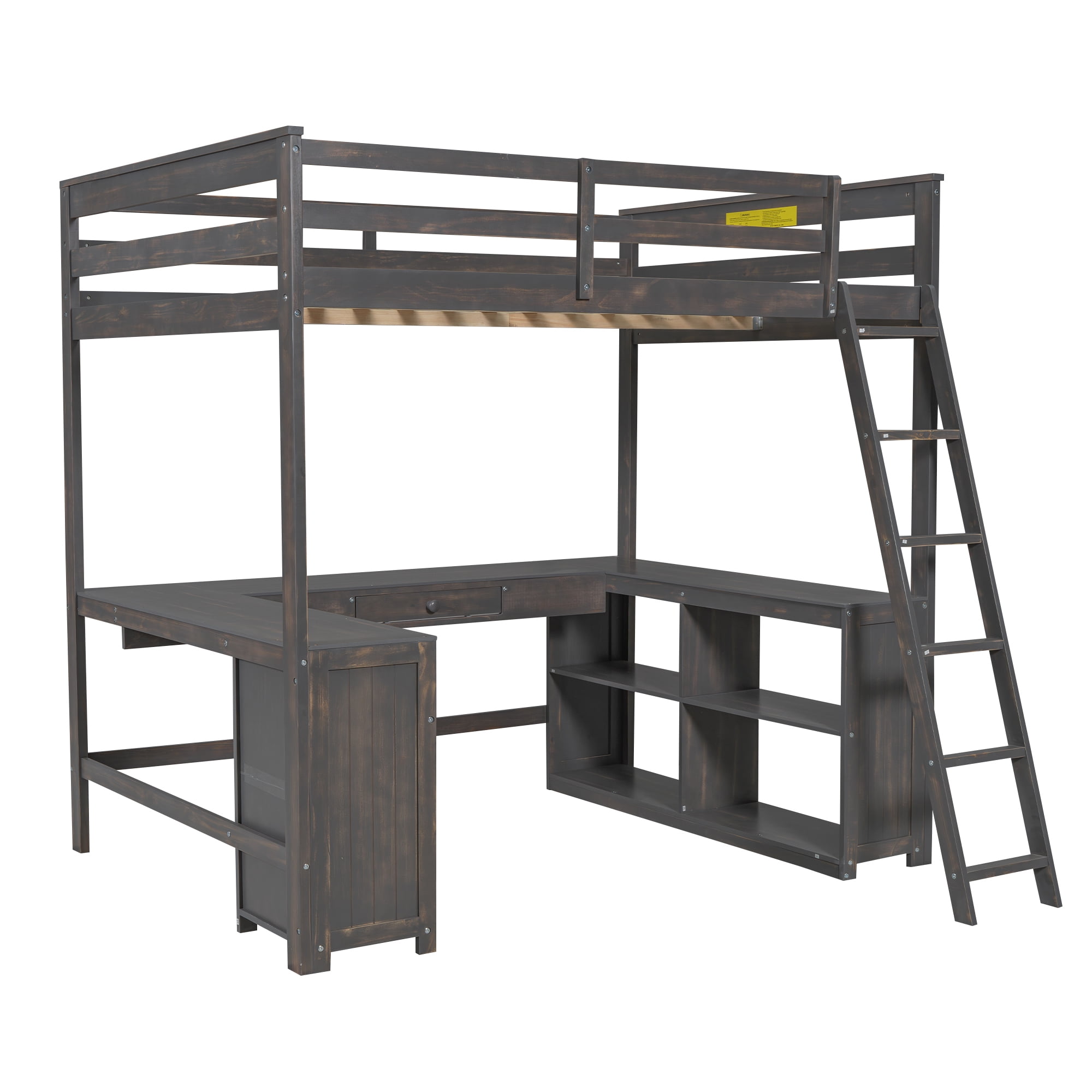 Euroco Wood Full Size Loft Bed with Desk and Shelves, Antique Brown