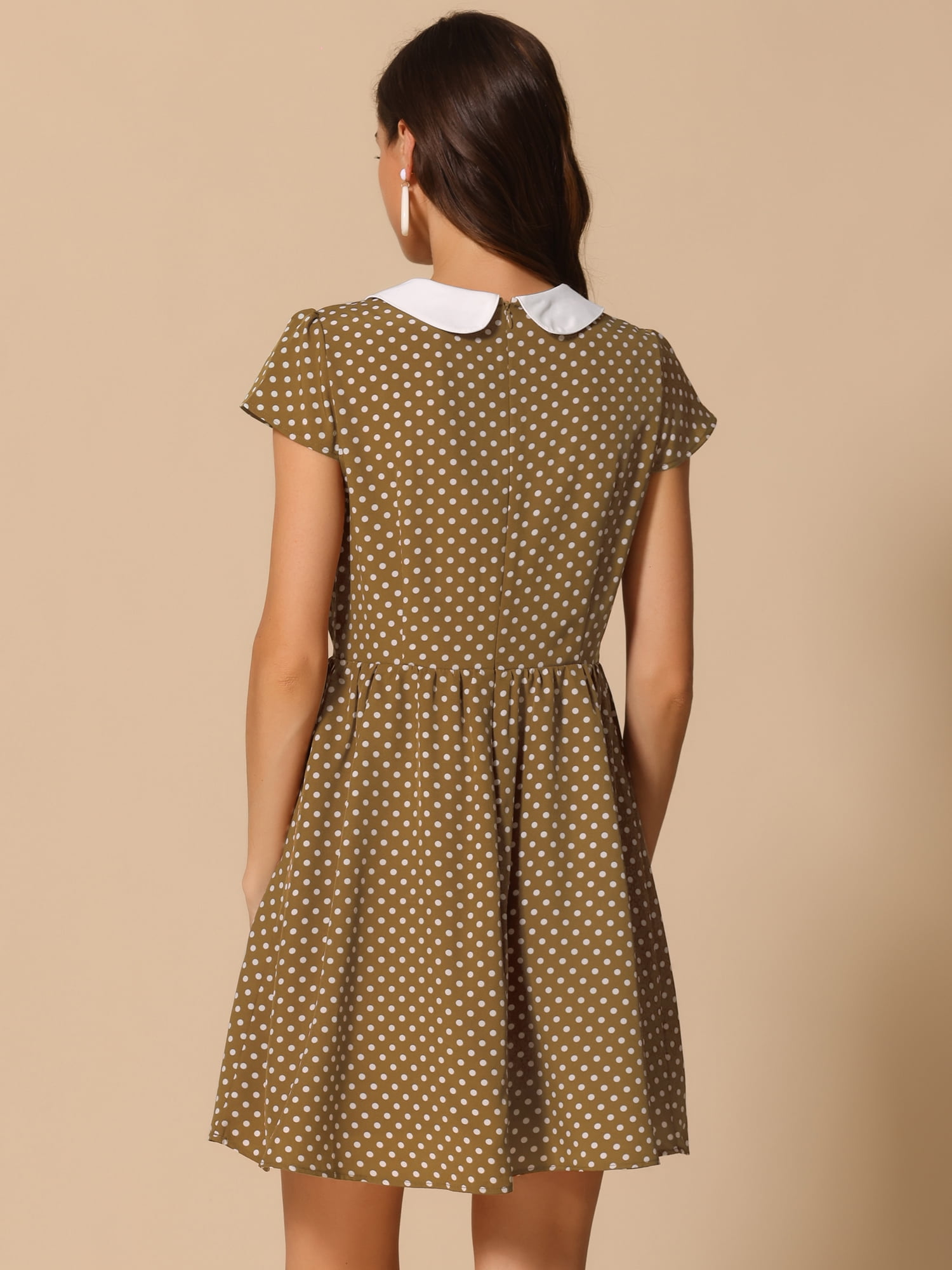 DARING DIVA Women's Collar Short Sleeves Contrast A-Line Polka Dots Dress S Brown