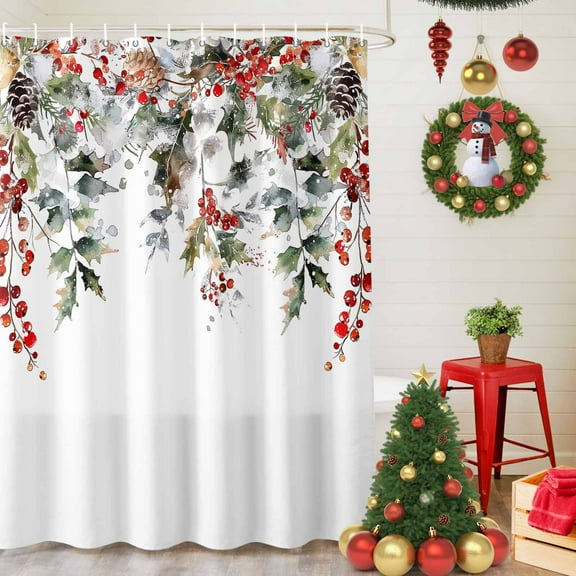Shower Curtain Bathroom Set Watercolor Christmas Holly Branch Leaves Red Berry Waterproof Fabric Shower Curtains with Grommets&Hooks Winter Botanical Privacy Bath Curtain for Bathtub 36x72in