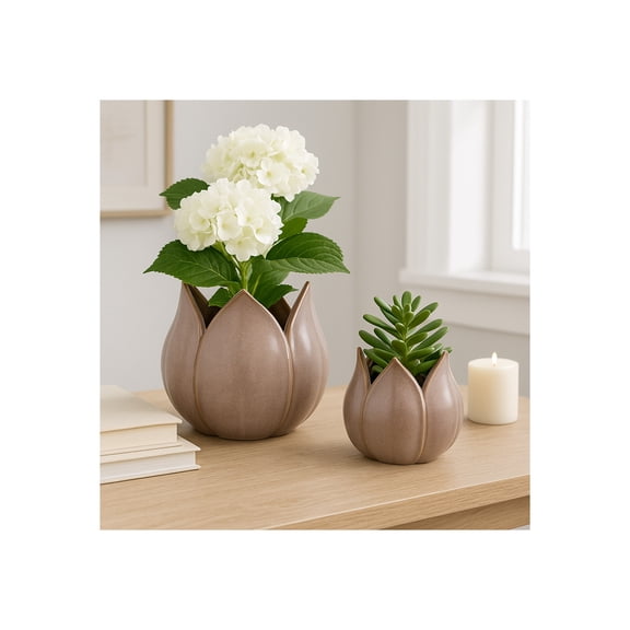 Flower Pots for Home Decor - Ceramic Petal Shaped Planters for Indoor and Outdoor Plants - Decorative Plant Pots for Living Room, Entryway, Garden, or Patio Decor - Set of 2, 7", 5", Purple