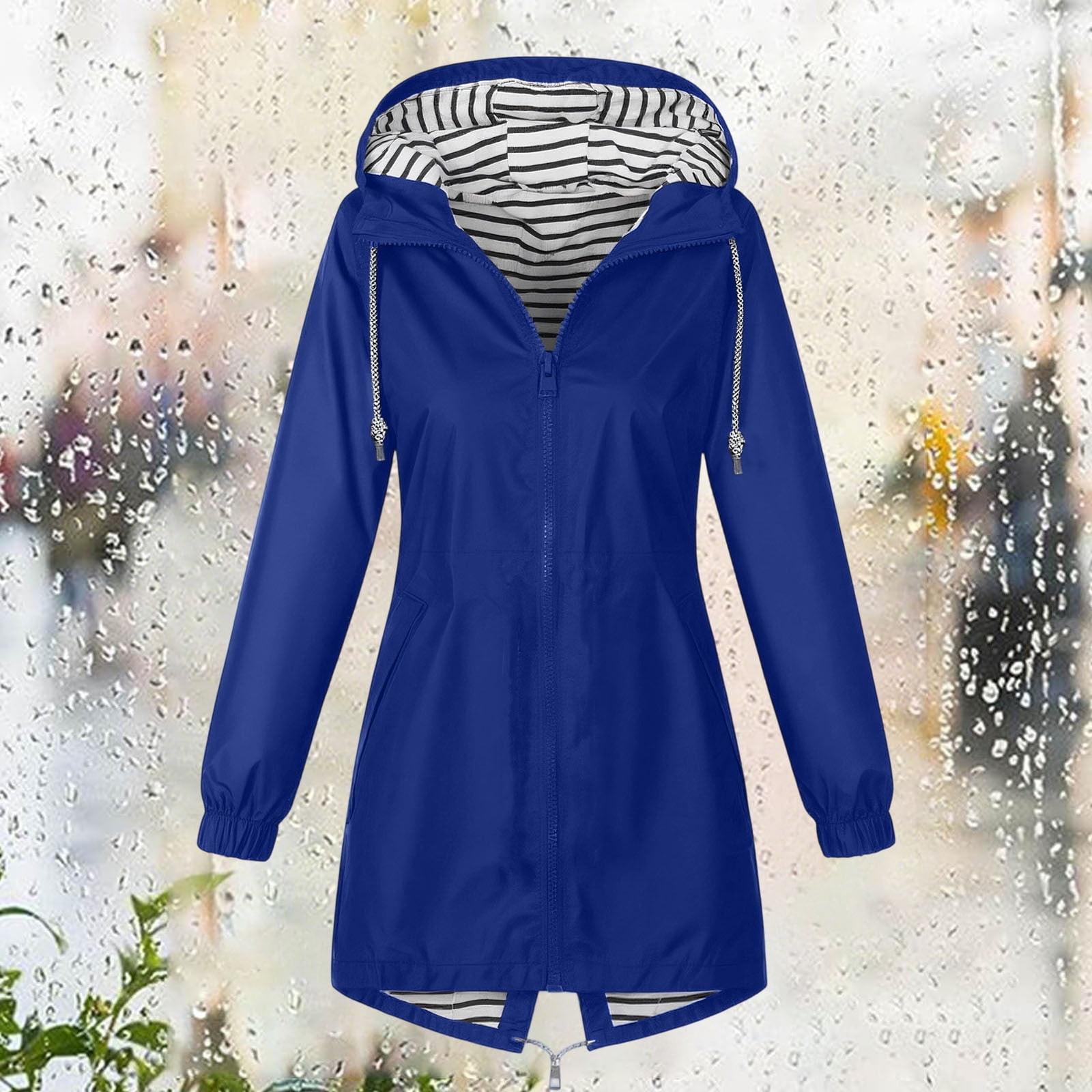 Horkkom Plus Size Rain Jackets for Women with Hood Pockets Drawstring Rain Coats Outdoor Waterproof Zip Up Hoodie XL, Gifts for Women