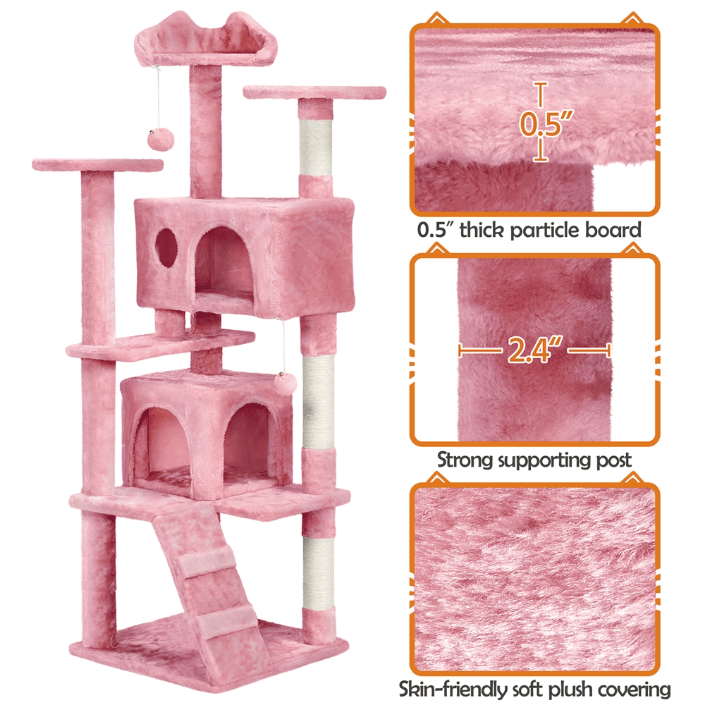 Alden Design 62''H Double Condo Cat Tree with Scratching Post Tower, Pink