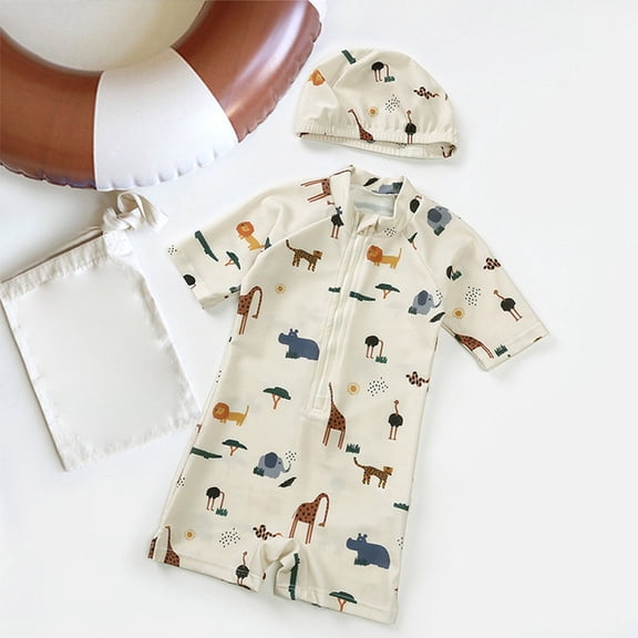 Toddler Boy Swimsuit Active Animal Print Short Sleeve Crew Neck Zip Up One Piece And Cap 2 Piece Beach Toddler Bathing Suit Boy Beige 4 Years-5 Years