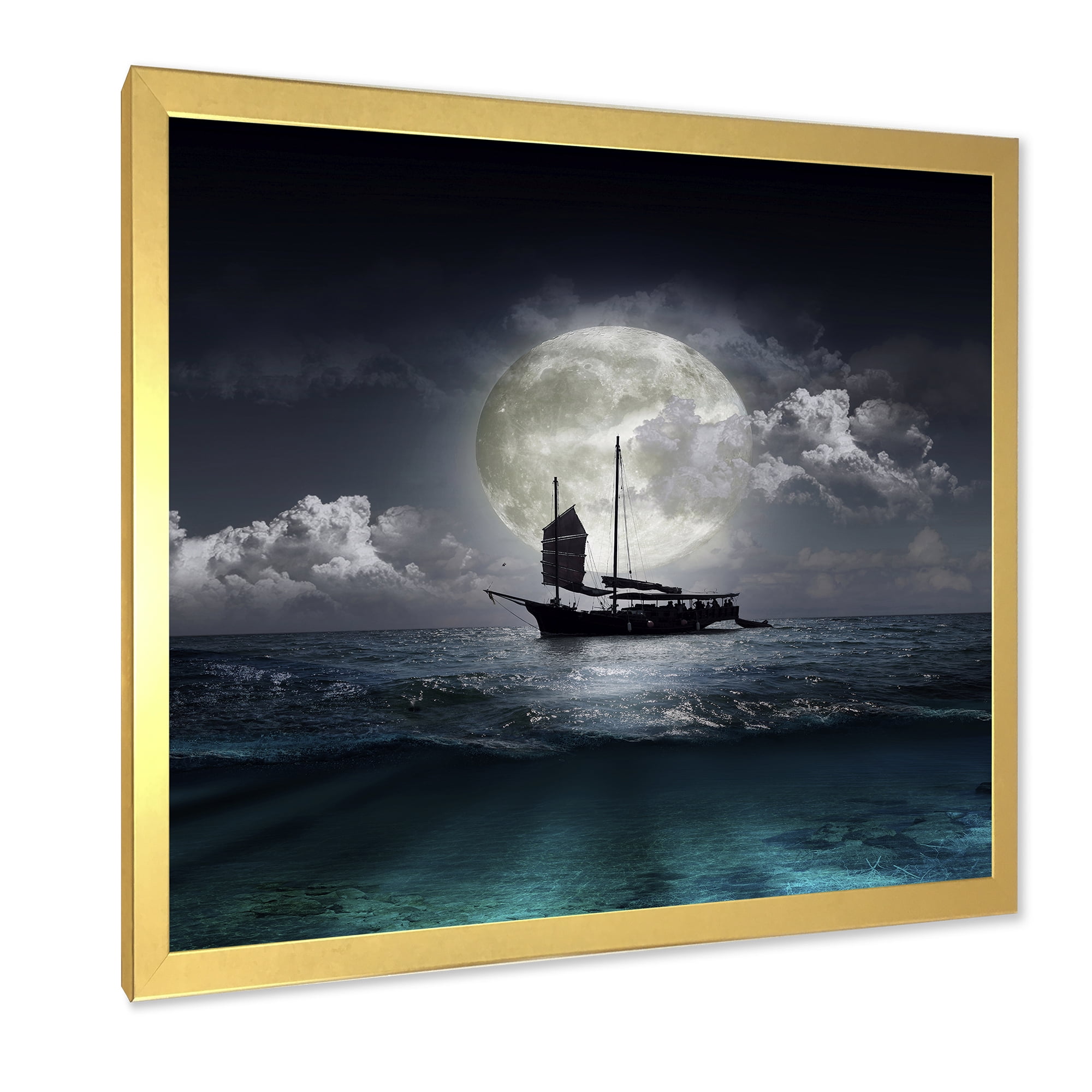 The Lake During Full Moon With Fisher Boat 16 in x 16 in Framed Photography Canvas Art Print, by Designart