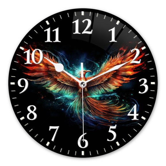Decorative Round Wall Clocks Non-Ticking Silent Battery Operated Clocks with Photo for Bedroom,Living Room-Majestic Phoenix Soaring With Vibrant Feathers Glowing In The Dark(10inch)
