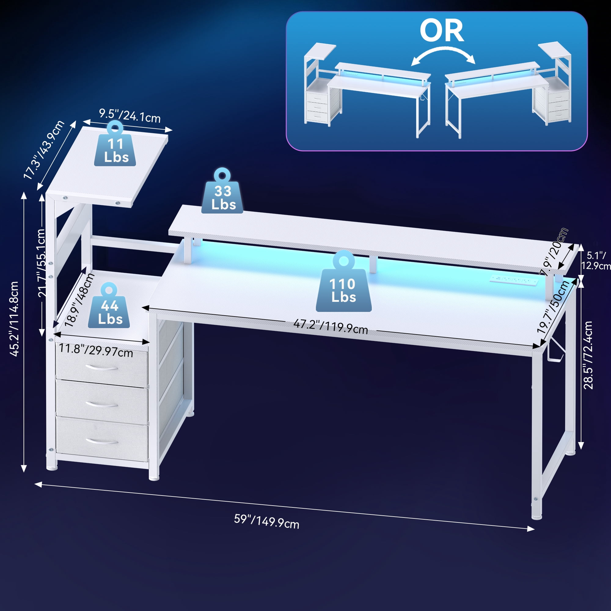 Gianna 59-Inch Gaming Desk with Hutch, LED Lights, USB Ports and 3 Fabric Drawers, Carbon Fiber