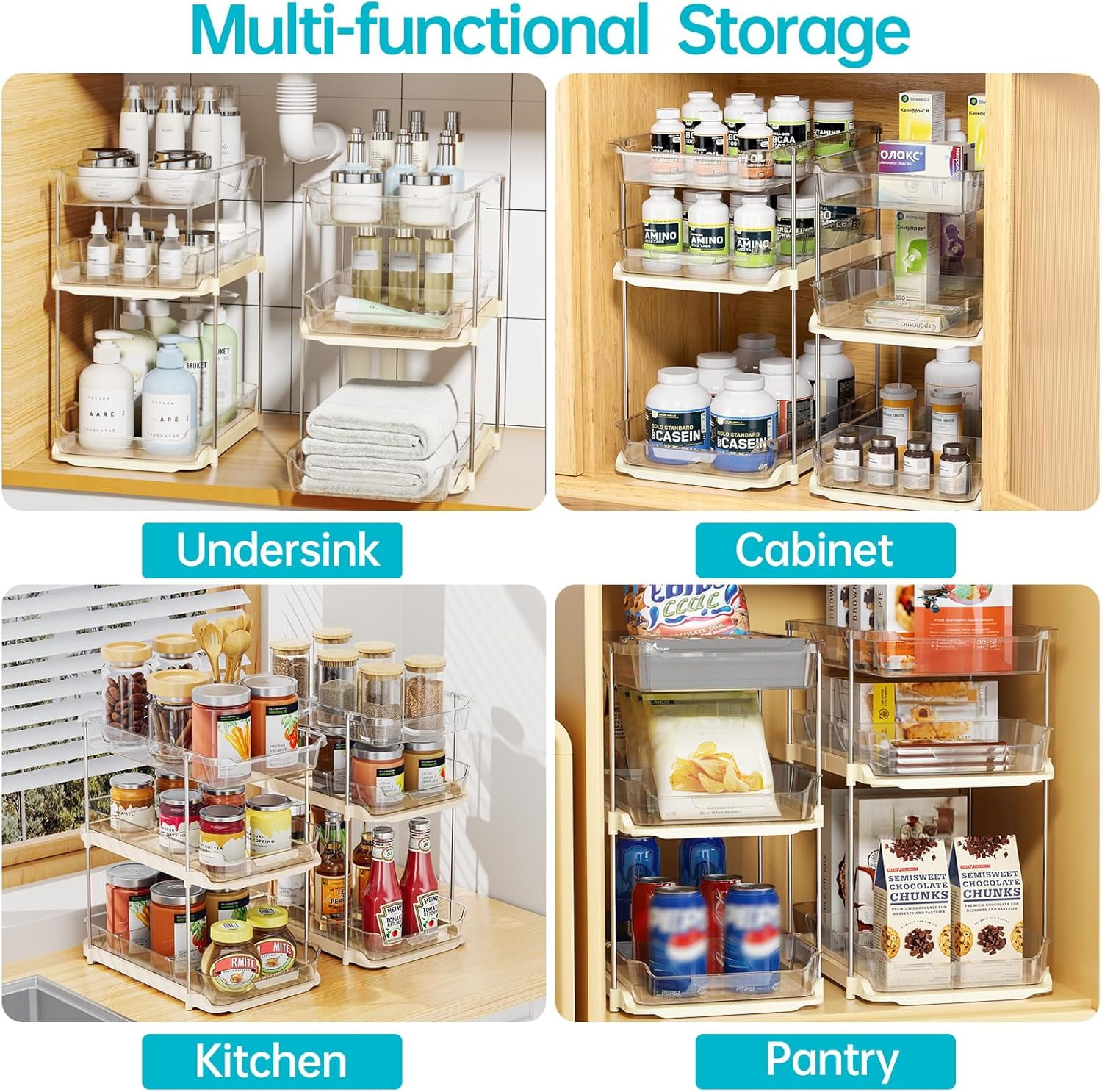 2 Pack 3-Tier Bathroom Under Sink Organizers and Storage, Multi-Purpose Stackable Pantry Organization and Storage, Pull Out Clear Kitchen Bathroom Cabinet Organizer with Movable Dividers, Beige
