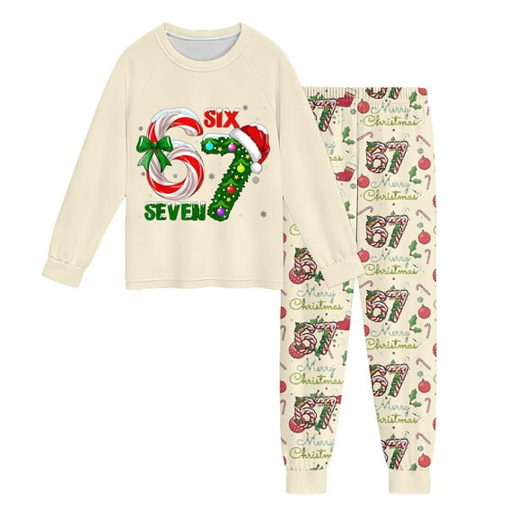 67 shirt Festive Holiday Print Long Sleeve Pajama For K'ids B'oys Cozy Loungewear Soft Two Piece Outfit Family Matching Sleepwear