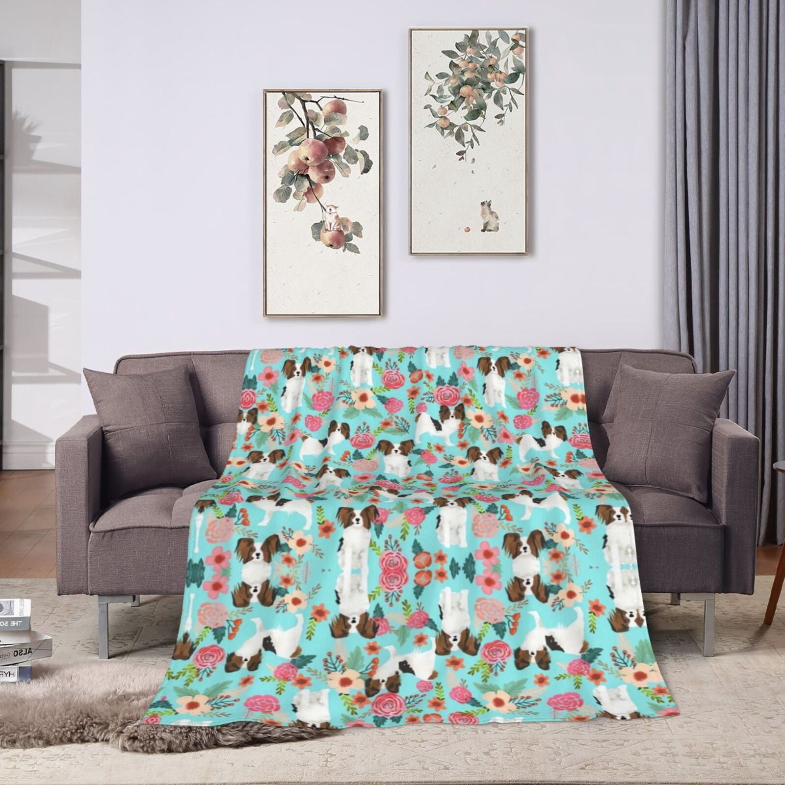 Wijzvio Papillon Dogs Lovers Flower Floral Throw Blanket Soft Fuzzy Fleece Blanket For Couch Bed Living Room Decoration 60"X50"