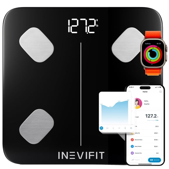 Báscula inteligente de grasa corporal INEVIFIT, analizador digital de composición corporal con Bluetooth de alta precisión para baño. Mide peso, grasa corporal, agua, músculo, grasa visceral y masa ós