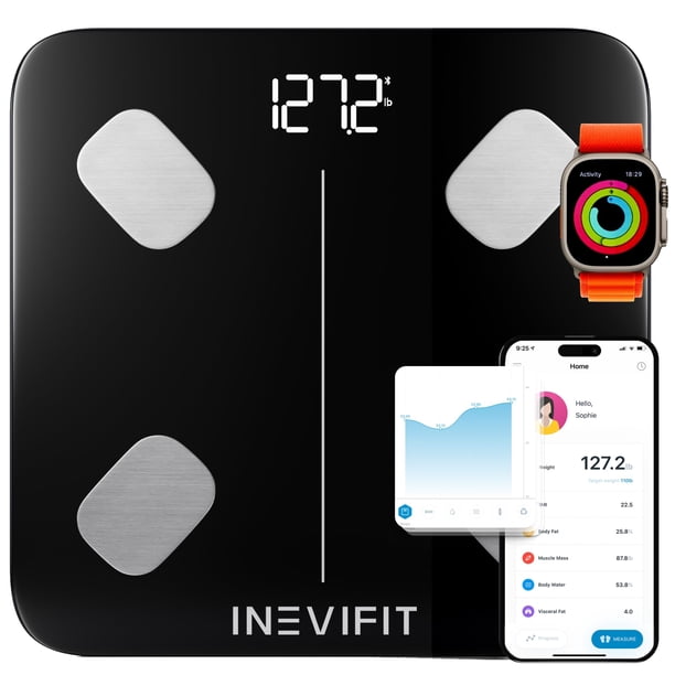 Báscula inteligente de grasa corporal INEVIFIT, analizador digital de composición corporal con Bluetooth de alta precisión para baño. Mide peso, grasa corporal, agua, músculo, grasa visceral y masa ós