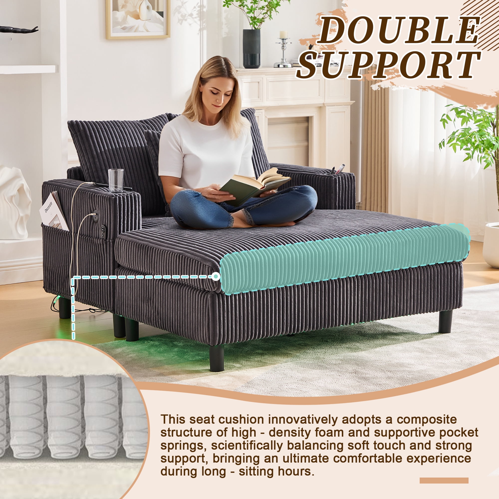 MOONMISS Corduroy Upholstered Oversized RGB LED Light Recliner Sofa Bed with Cup Holder,USB&3 Pillows-Dark Grey